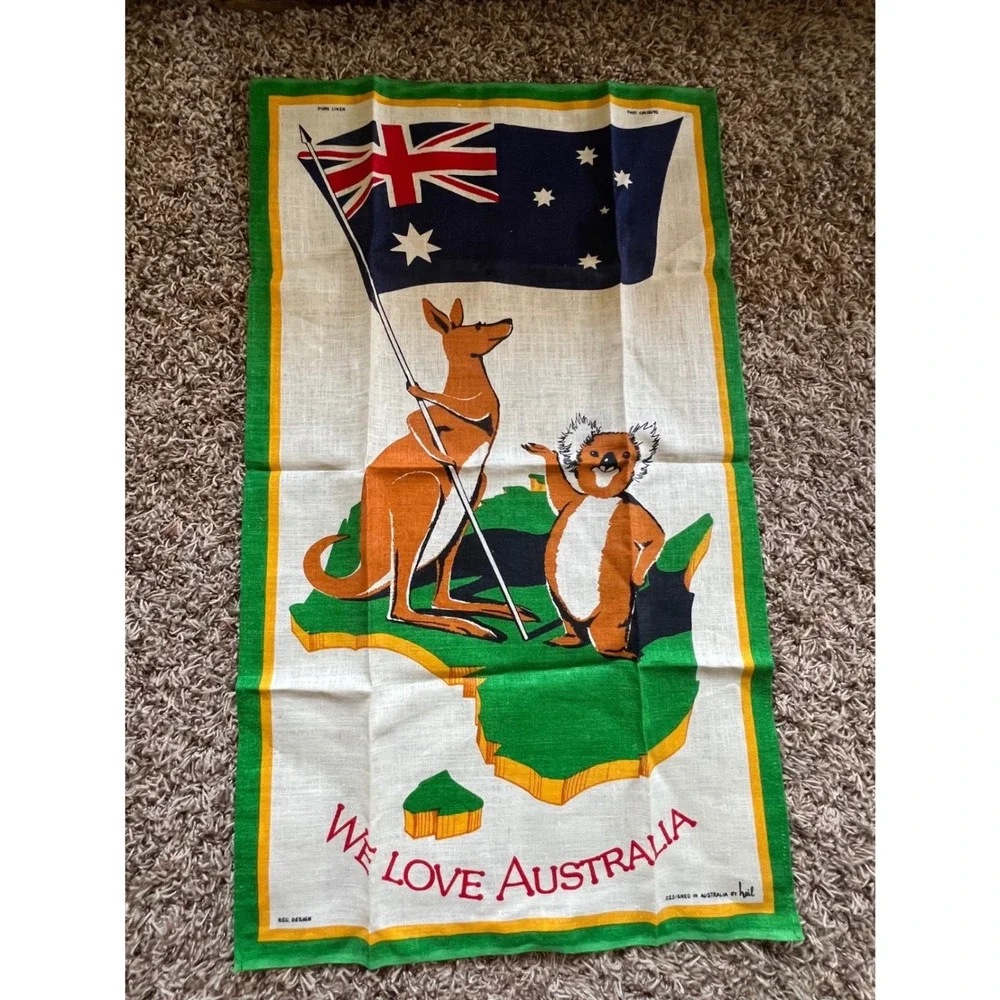 Vintage We Love Australia Pure Linen Tea Towel Kangaroo Koala Flag Souvenir Neil
